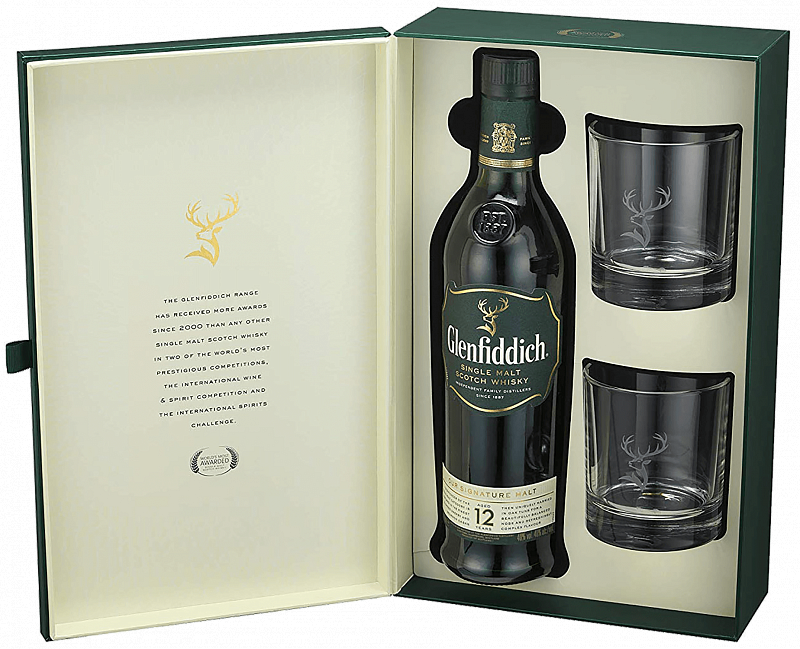 Гленфиддик 12 лет односолодовый шотландский виски в подарочной упаковке с двумя стаканами 0.75 л